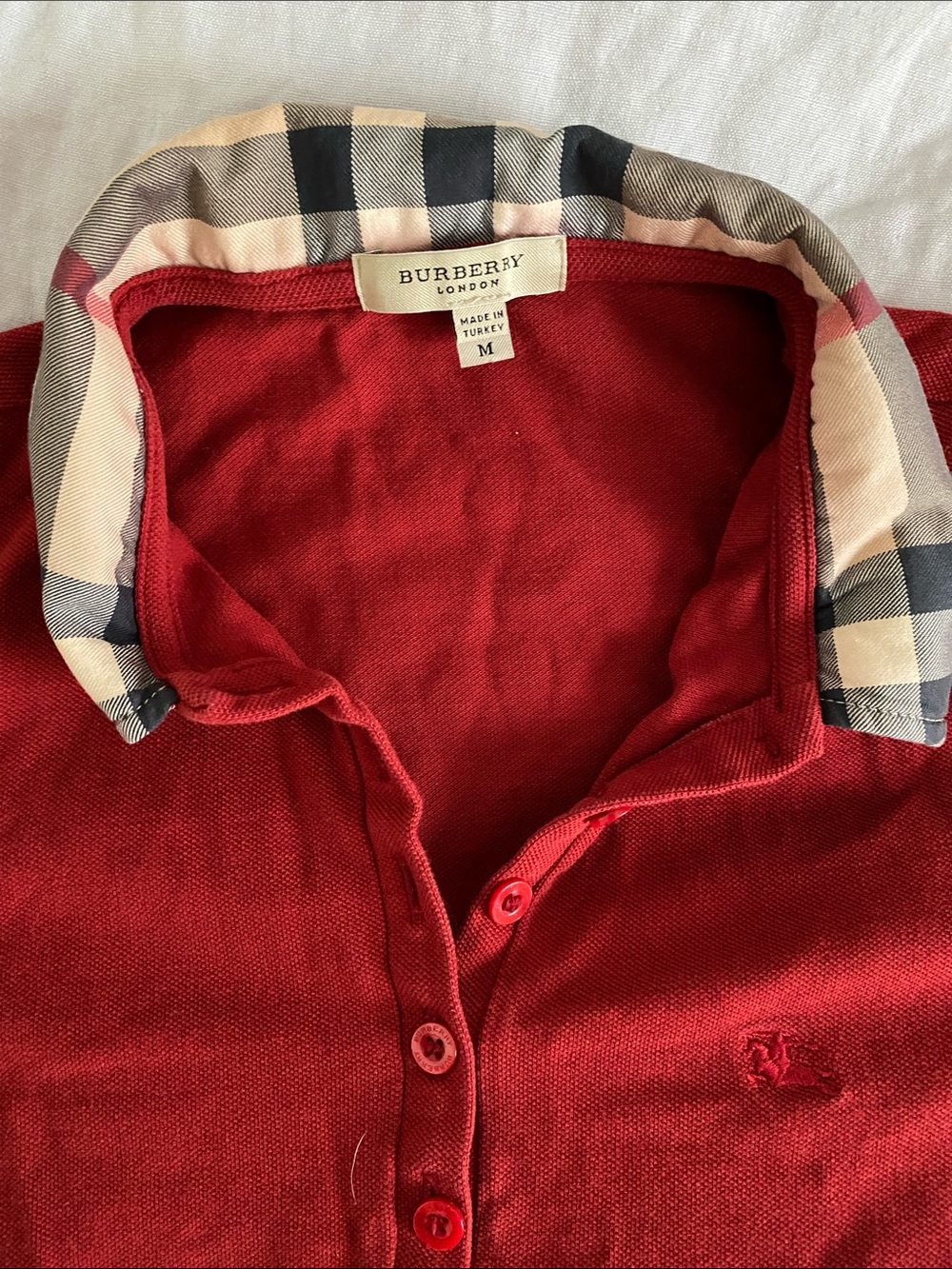 Burberry Red Button-Up Polo with Signature Check Collar shirt
